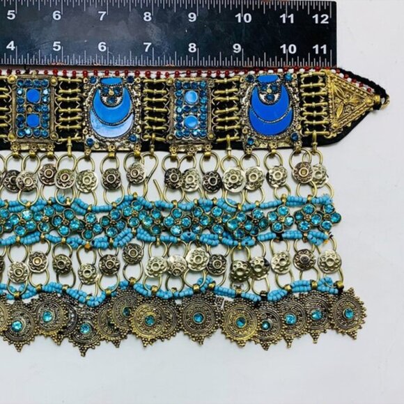 Turquoise Choker Necklace, Tribal Kuchi Afghan Choker With Turquoise Glass Stone - Picture 7 of 12